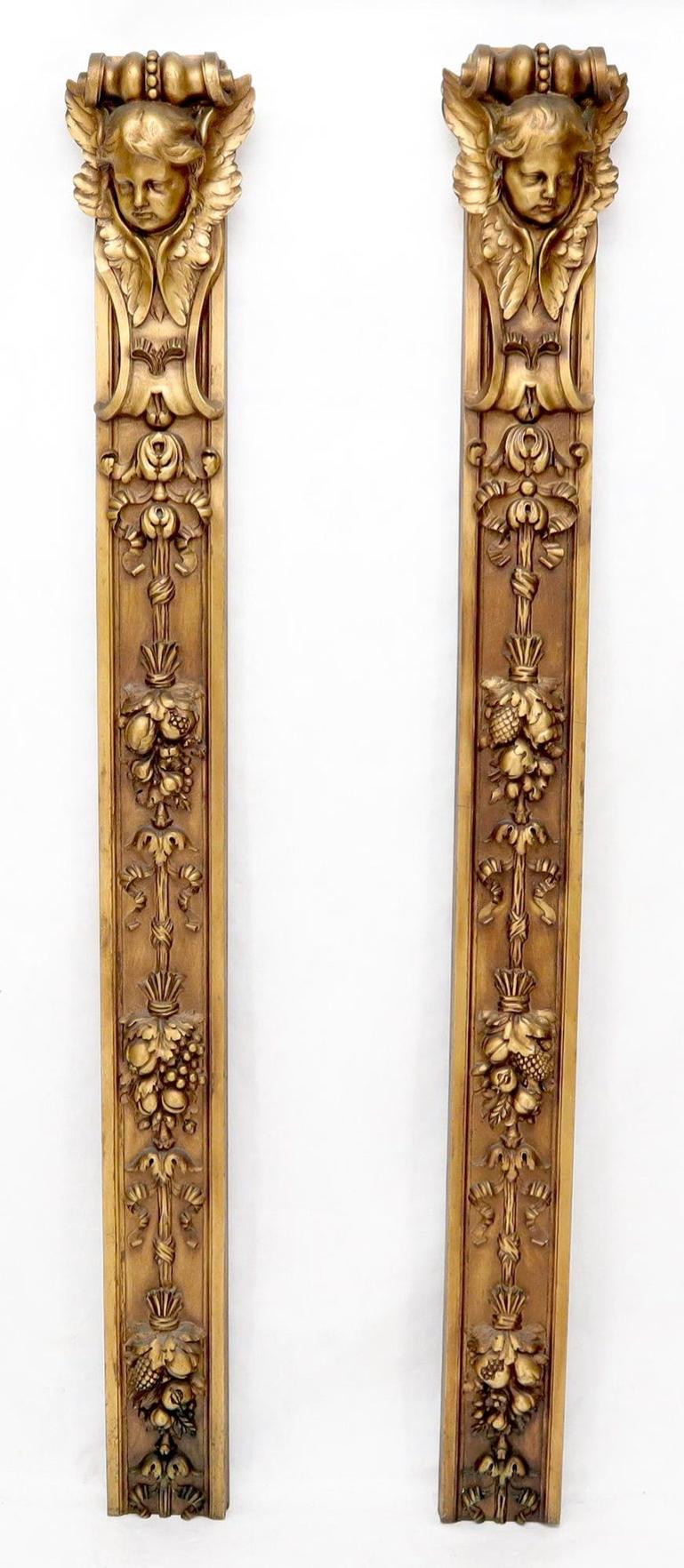 Pair of Door Frame Decoration Mounts Columns Sculptures Gold Cherubs Motive