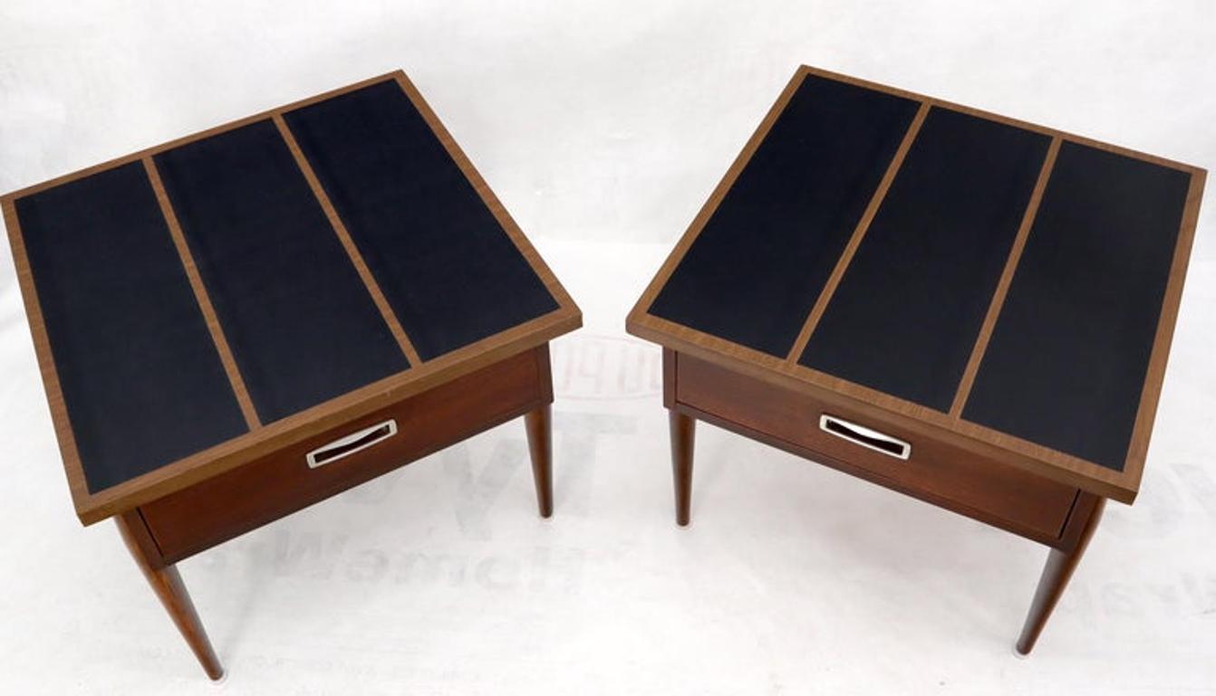 Pair of Walnut One-Drawer Side End Tables with Laminated Tops Tapered Legs