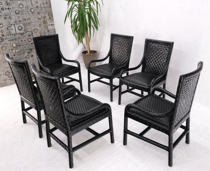 Unusual Set of 6 Black Leather Strap Weaved Dining Arm Chairs Mid Century Moder