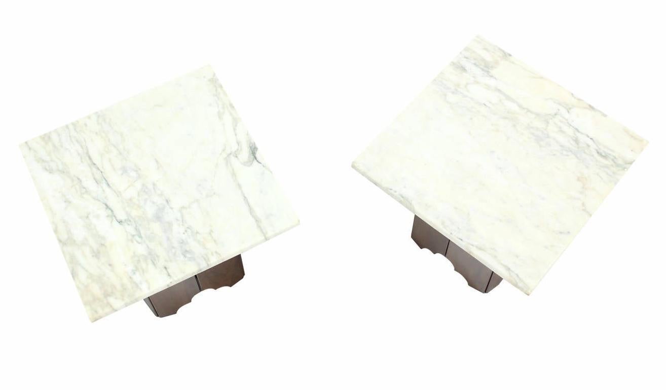 EstablishedLines Pair of Mid-Century Modern Walnut Base Square Marble Top End Side Tables MINT