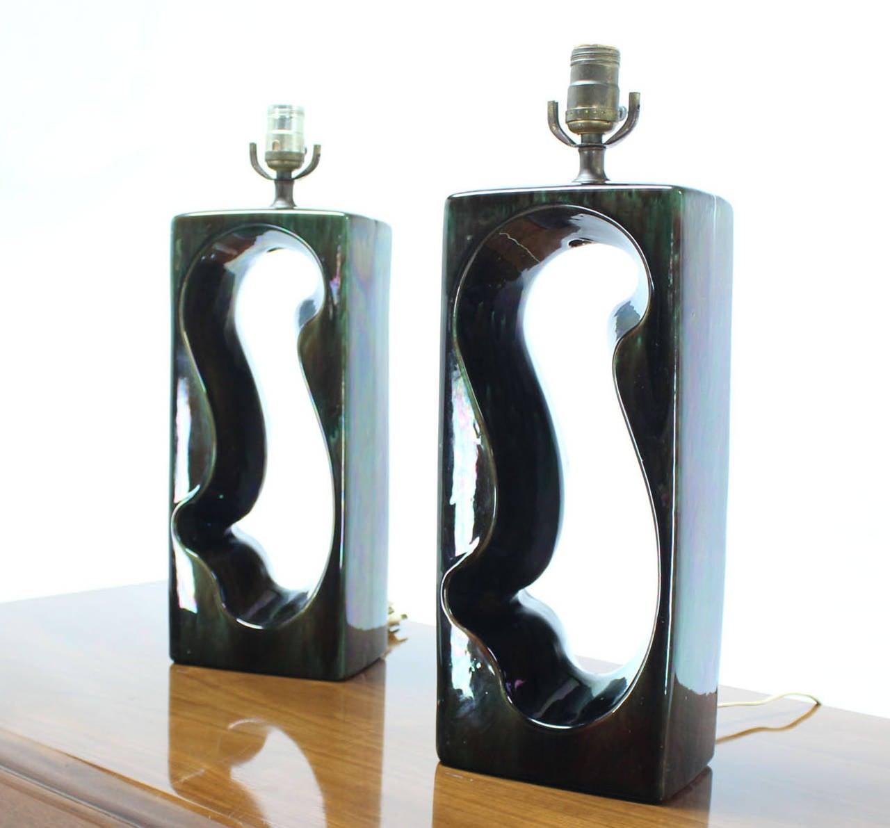 EstablishedLines Pierced Cube Shape Glazed to High Gloss Pottery Table Lamps MINT!