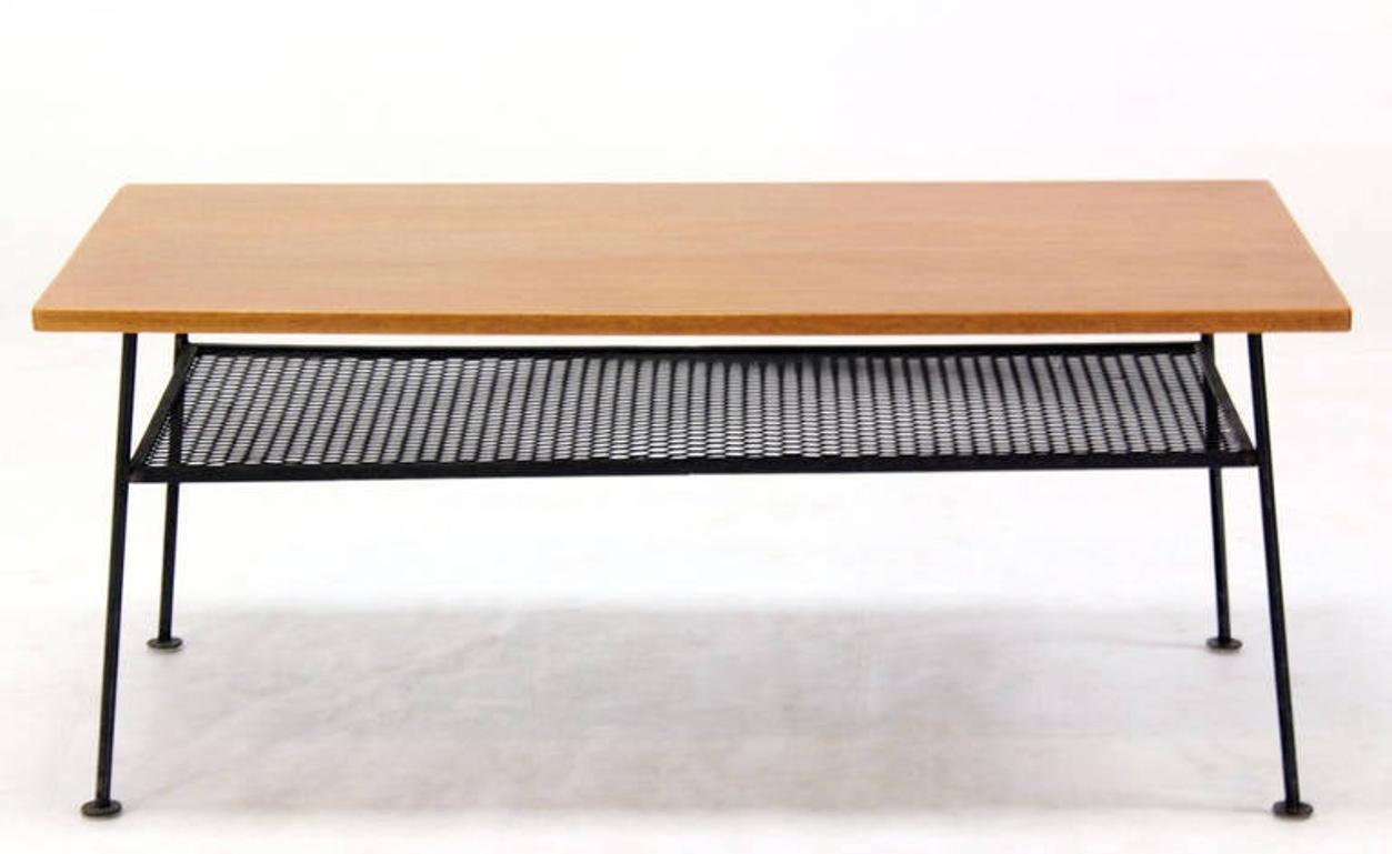 EstablishedLines Mid-Century Modern Rectangle Coffee Table by Freda Diamond Mesh Shelf Wire Legs