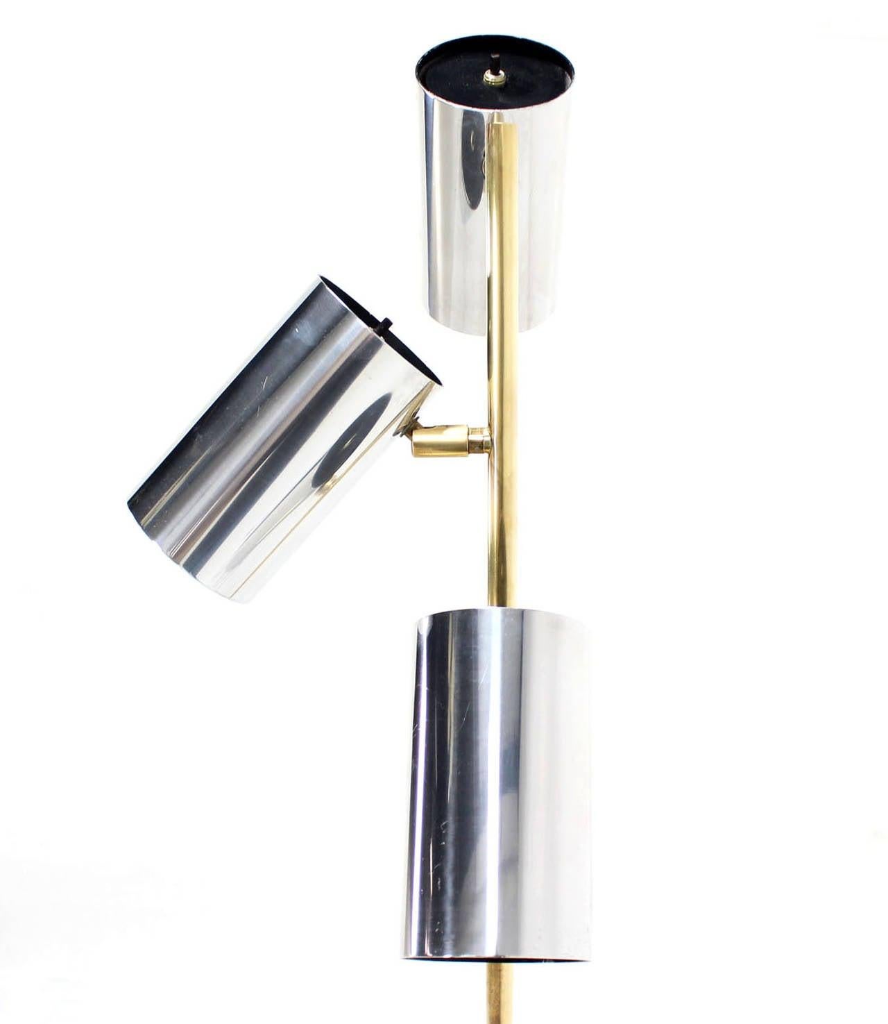 Midcentury Brass Base Tripple Floor Lamp Three Fully Adjustable Chrome Shades