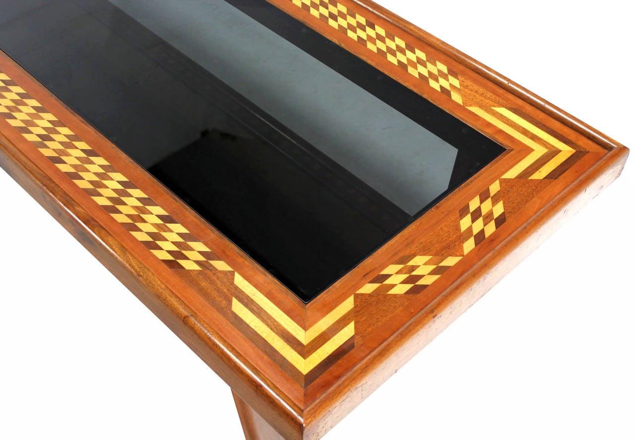 Walnut Hair Pin Leg Smoked Glass Marquetry Top Long Rectangle Coffee Table MINT