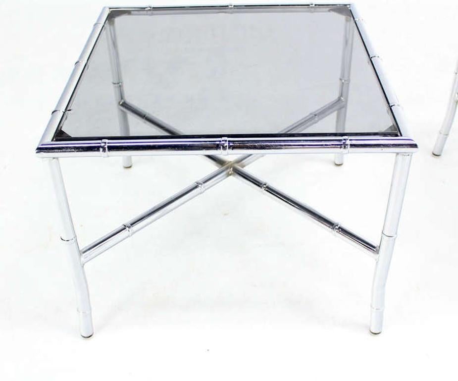 EstablishedLines Pair of Chrome Faux Bamboo X Base End Tables with Smoked Glass Tops Mid Century