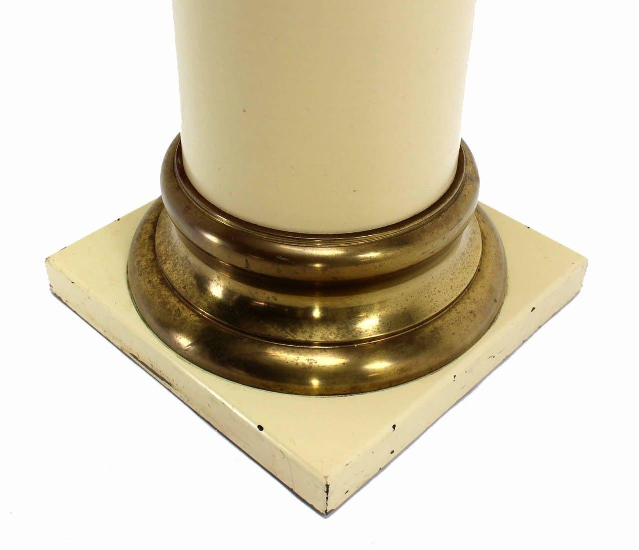 EstablishedLines Pair Brass and White Beige Lacquered Wood Round Pedestals Table Bases Stands