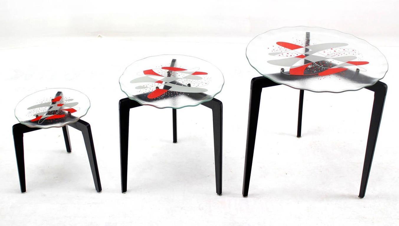EstablishedLines Art Glass Scallop Edge Bowl Tray Top Tapered Leg Stackable Nesting Side Table
