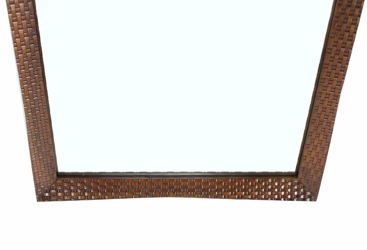 1970s Carved Walnut Lattice Basket Weave Pattern Large Rectangle Wall Mirror