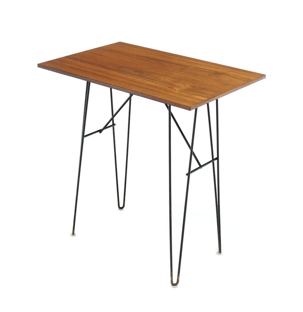 EstablishedLines Pair Teak Tops End Side Console Tables Stands Pedestals Tall Wire Legs MINT!