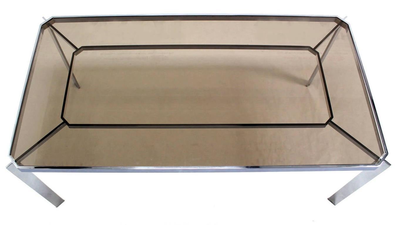 Mid Century Modern Chrome Base Smoked Glass Top Dining Conference Table Baughman