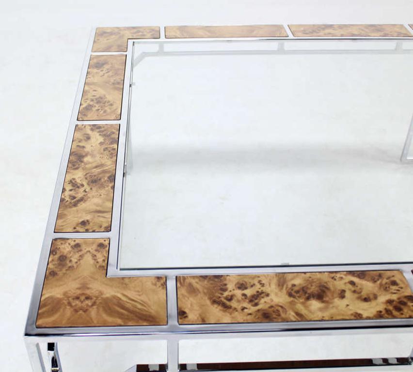Mid Century Modern Chrome Glass Top Square Coffee Table w Burl Wood Inserts MINT
