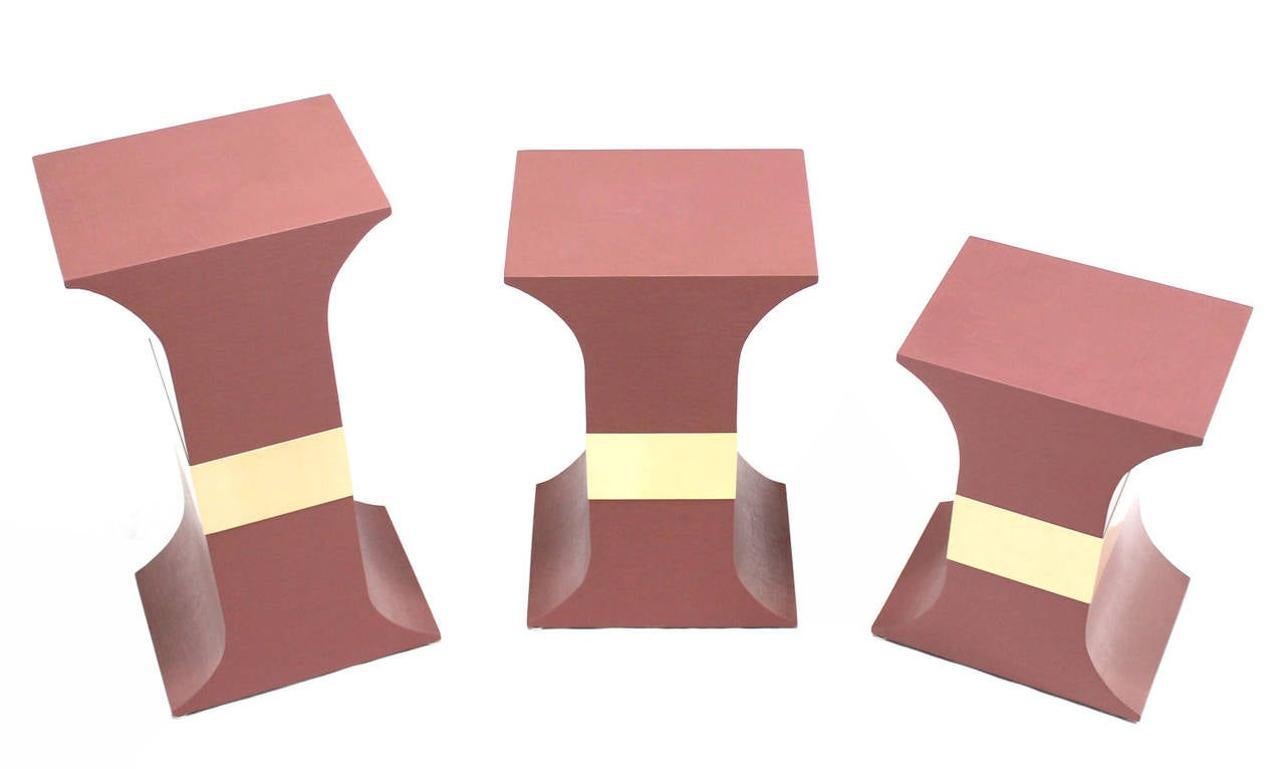 EstablishedLines Grasscloth Wrapped Three Mid Century Modern Pink Lacquer Brass Trim Pedestals