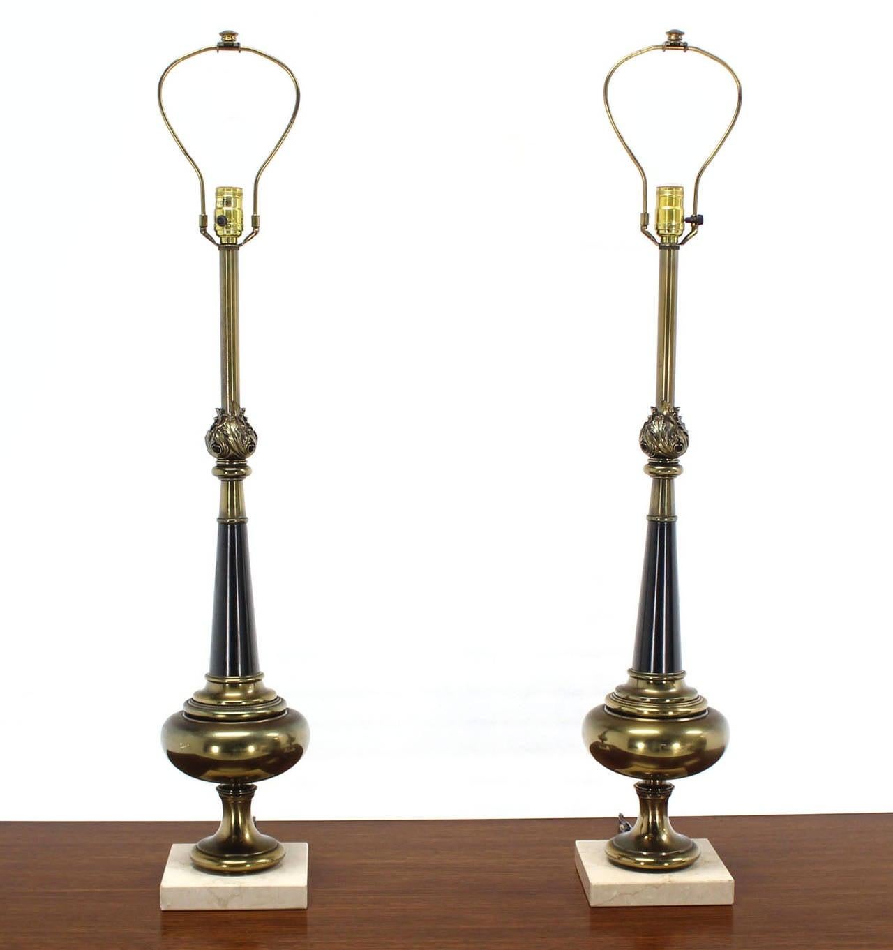 EstablishedLines Pair Mid Century Modern Stiffel Brass Finial Shape Table Lamps Marble Bases MINT