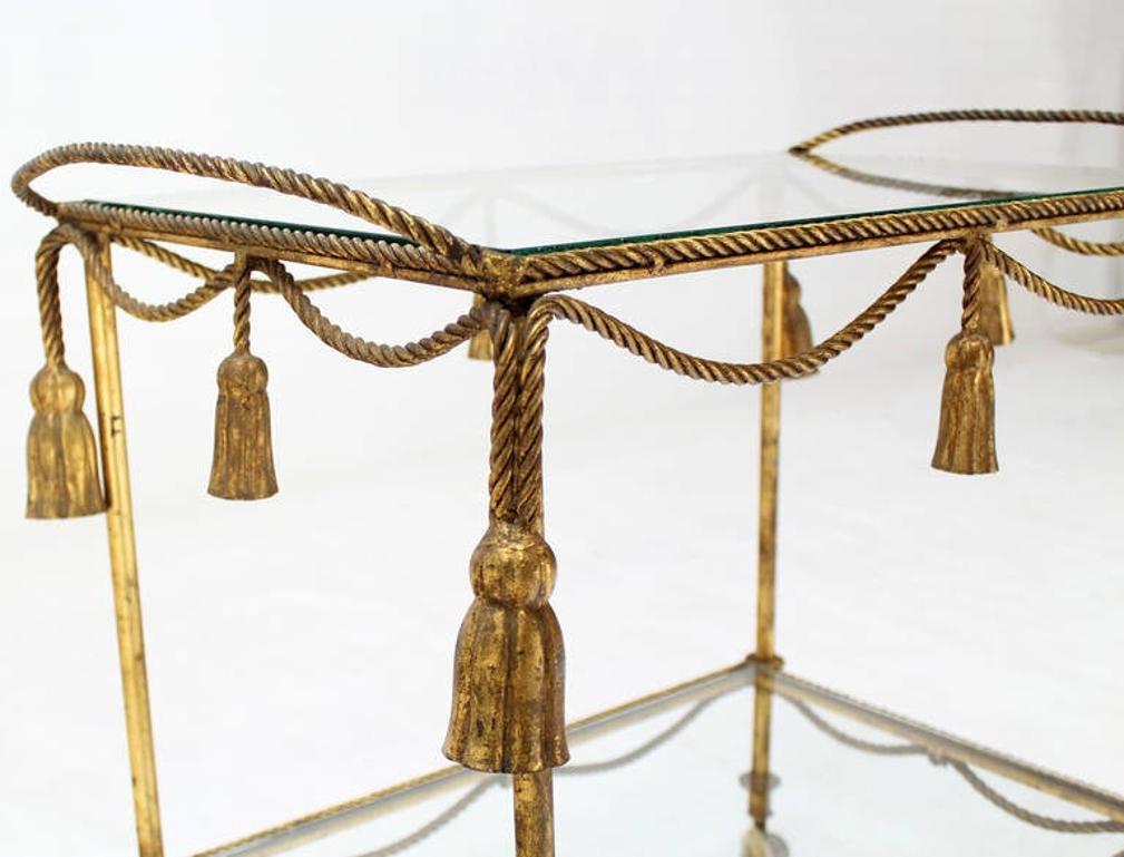 EstablishedLines Midcentury Italian Gold Gilt Metal Rope and Tassels Glass Top Bar Tea Cart Wheel