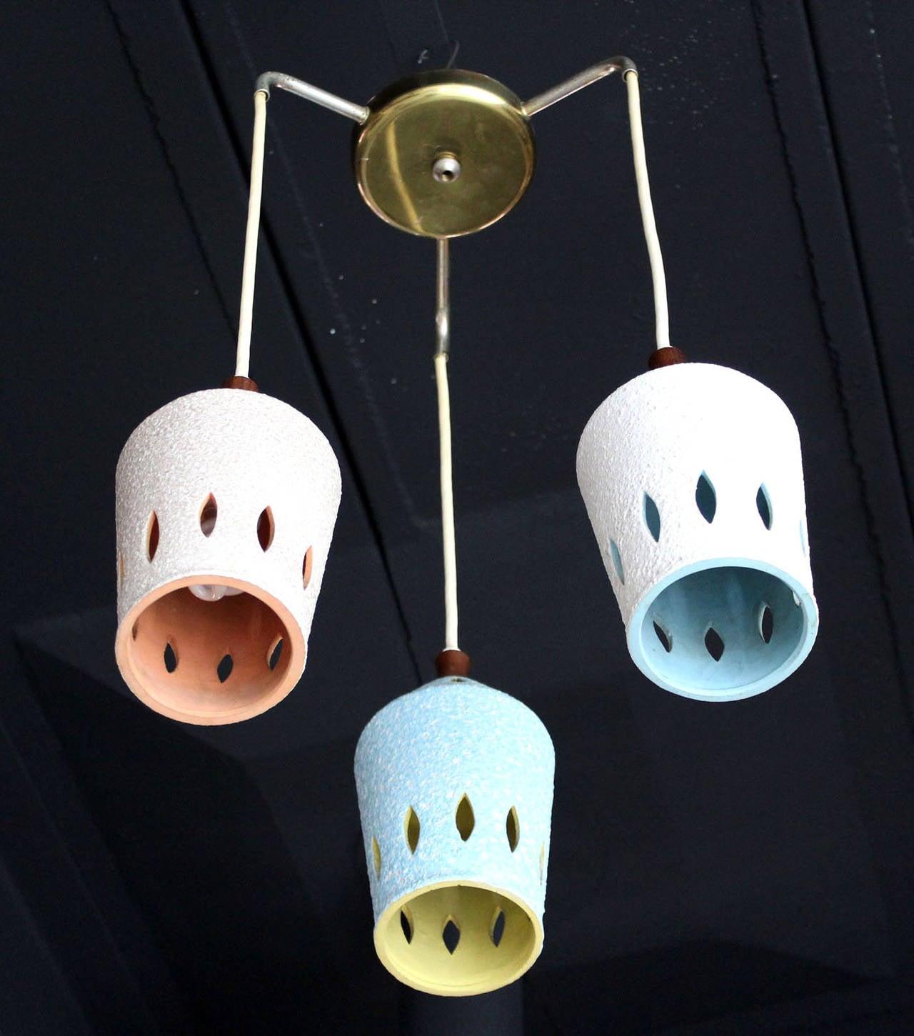 Triple Colored Glazed Pierced Pottery Ceramic Shades Pendant Light Fixture MINT!