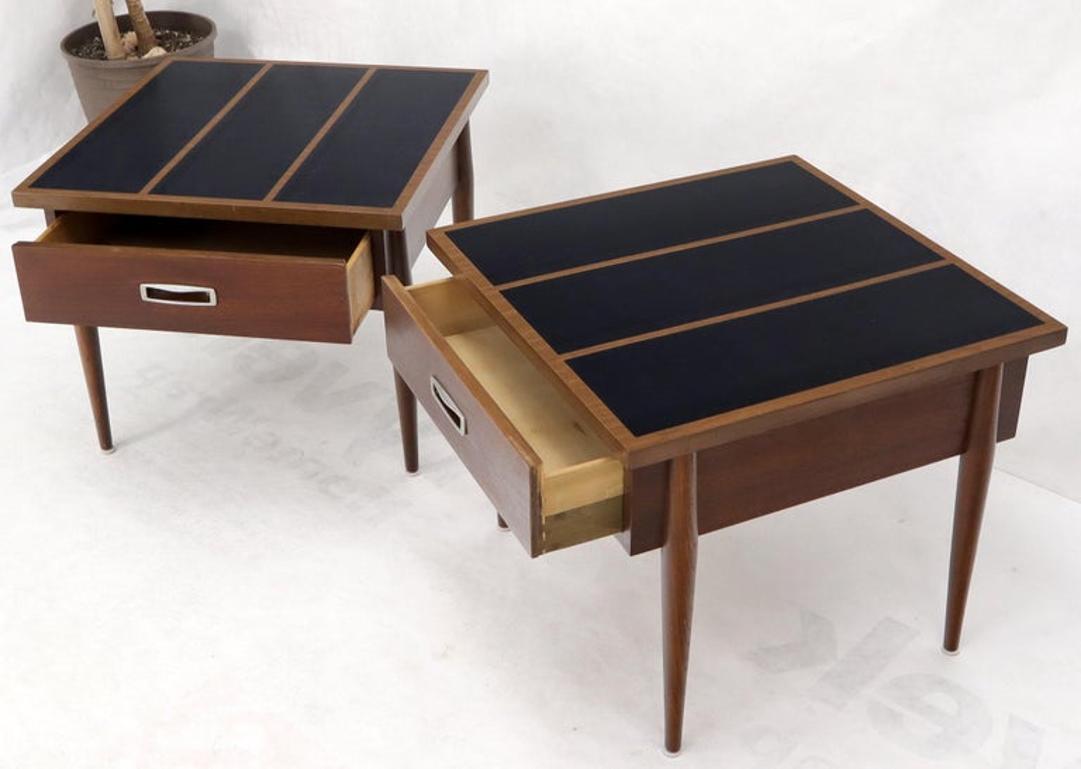 Pair of Walnut One-Drawer Side End Tables with Laminated Tops Tapered Legs