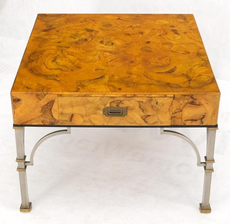 Square Burl Olive Wood Campaign Style Pull One Drawer Large End Side Table