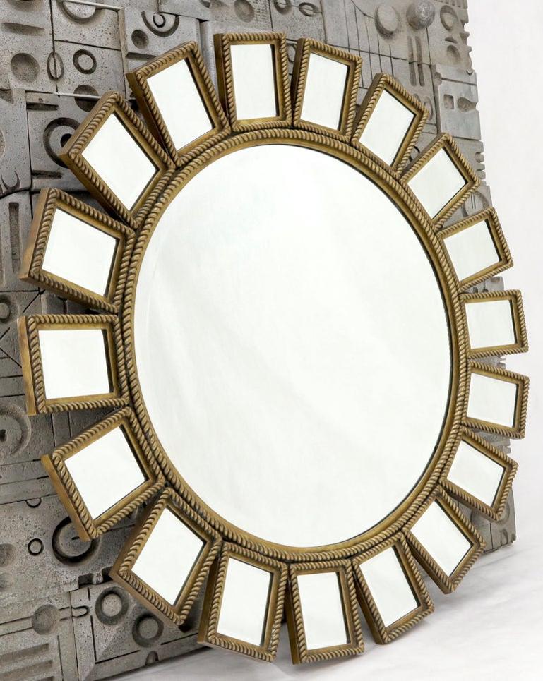 Heavy Round Brass or Bronze Sunburst Wall Mirror with Rope Edges