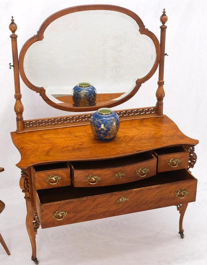 Antique Carved 4 Drawers Dresser w/ Large Beveled Swivel Clove Shape Mirror