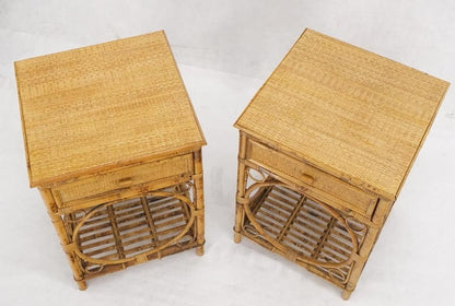 Pair of Bamboo Rattan One Drawer Cane Woven Top Side End Table Nightstands