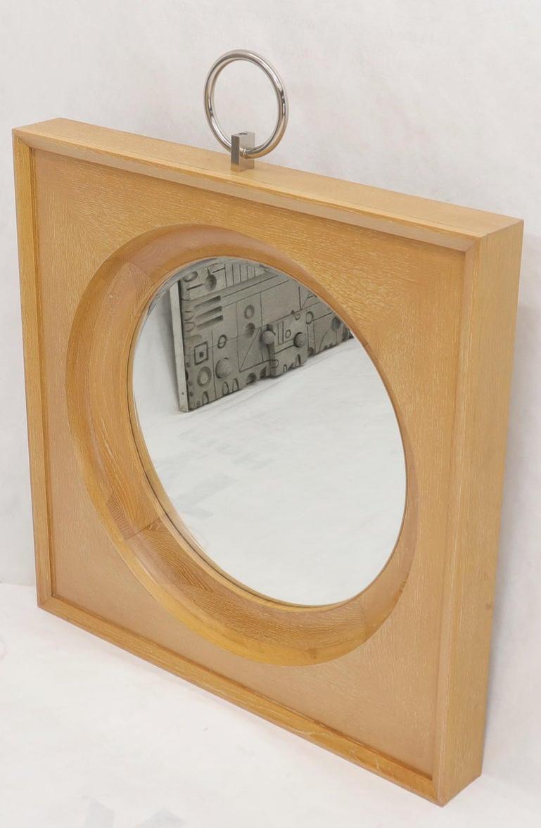 Large Square Cerused Oak Frame Round Wall Mirror