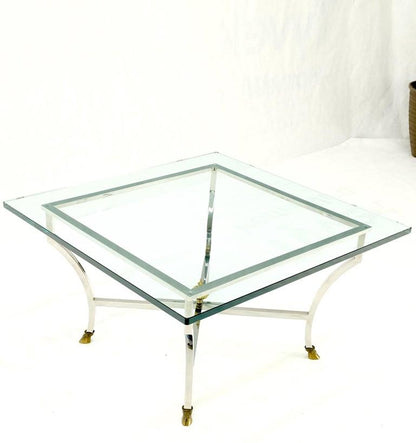Chrome Glass Brass Finial Base Hoof Feet Square Coffee Center Table Mint!