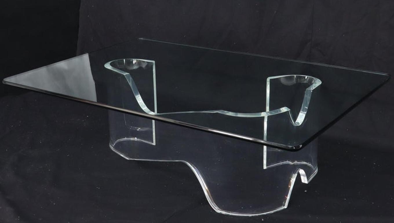 Thick Bent Lucite Organic Shape Base Rectangle Glass top Coffee Table
