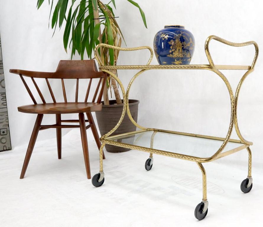 Italian Bent Textured Brass Tube Frame Glass Top Serving Cart on Wheels