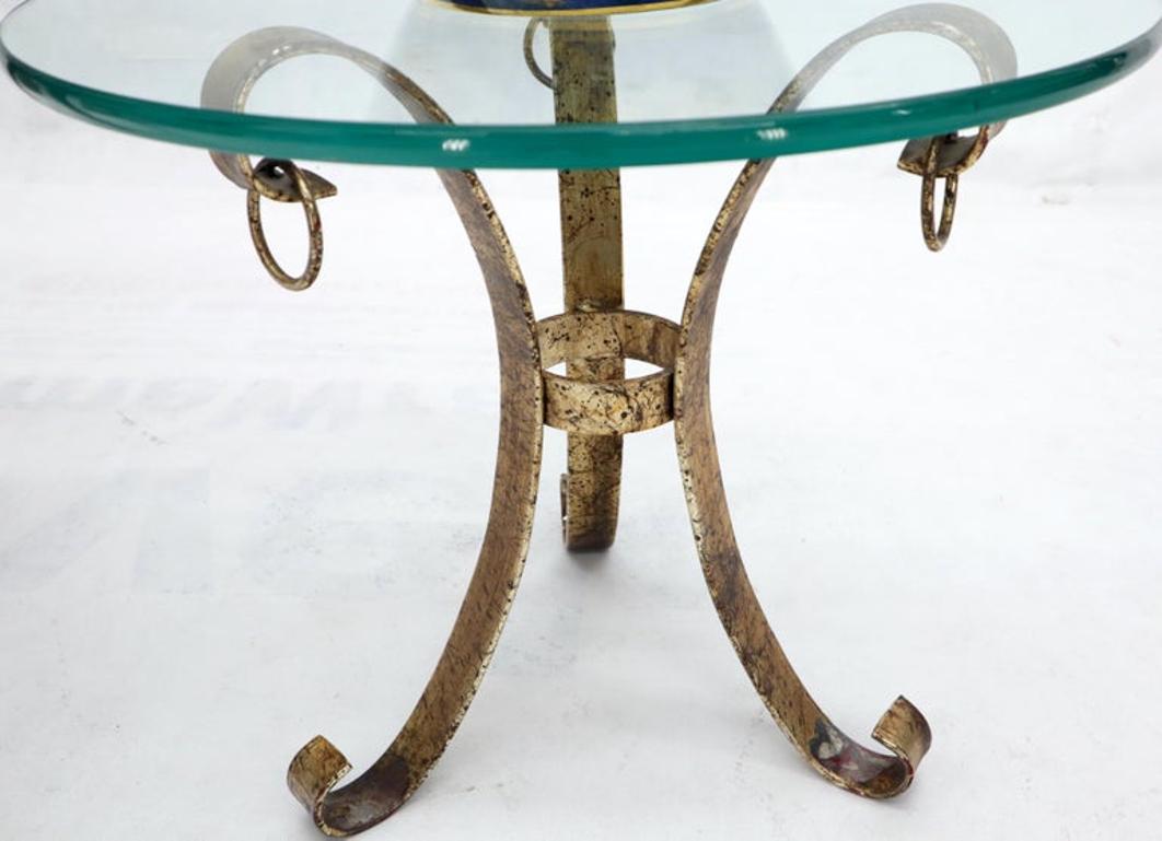 Round Glass Top Gold Gilt Tripod Wrought Iron Base Side End Table