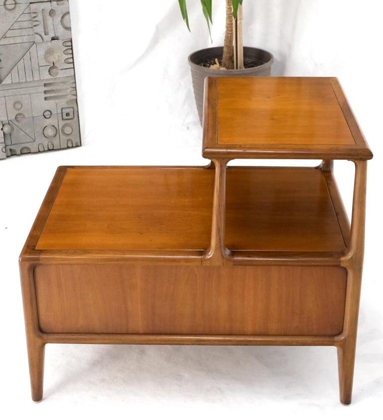 Henredon Solid Walnut Sculptural Two Tier One Drawer Step Side Table