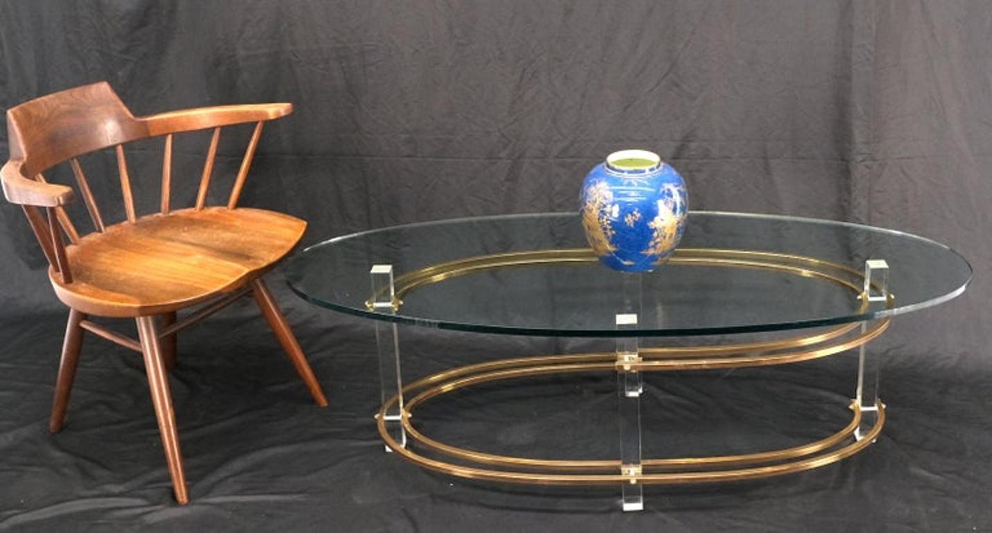 Mid-Century Oval Thick Glass Top Lucite Brass Base Coffee Table