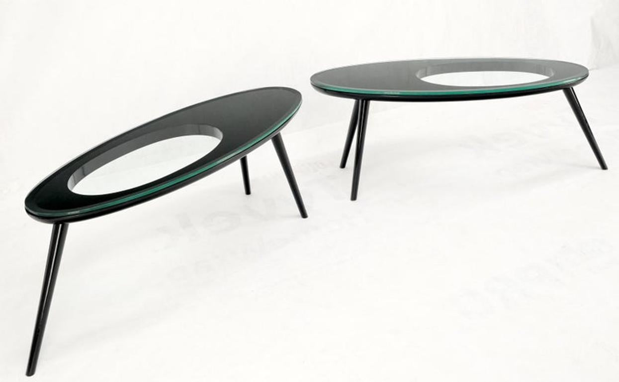 Pair Glass Top Black Lacquer Oval Pierced Shape Solid Tops End Side Tables Stand