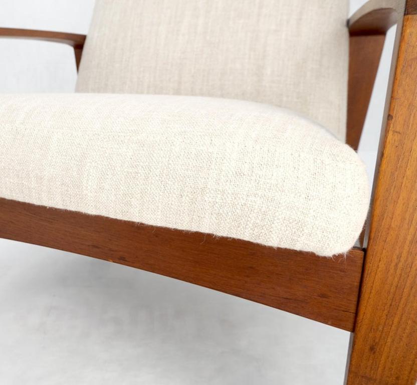 Pair Restored New Oatmeal Upholstery Teak Mid-Century Modern Lounge Arm Chairs