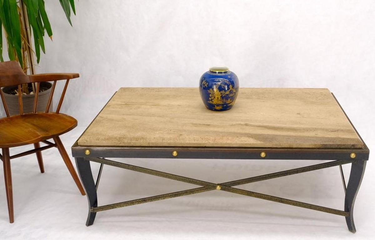 Steel Metal Forged X Base Travertine Top Rectangle Coffee Table w/ Brass Studs