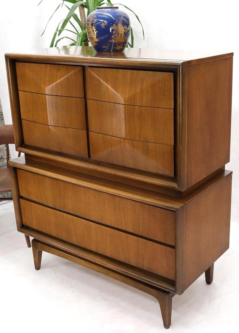 Diamond Front Walnut Mid-Century Modern Double High Chest Dresser