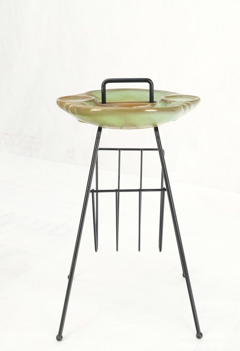 Mid-Century Modern Ceramic Ashtray on Wire Legs Magazine Rack Stand