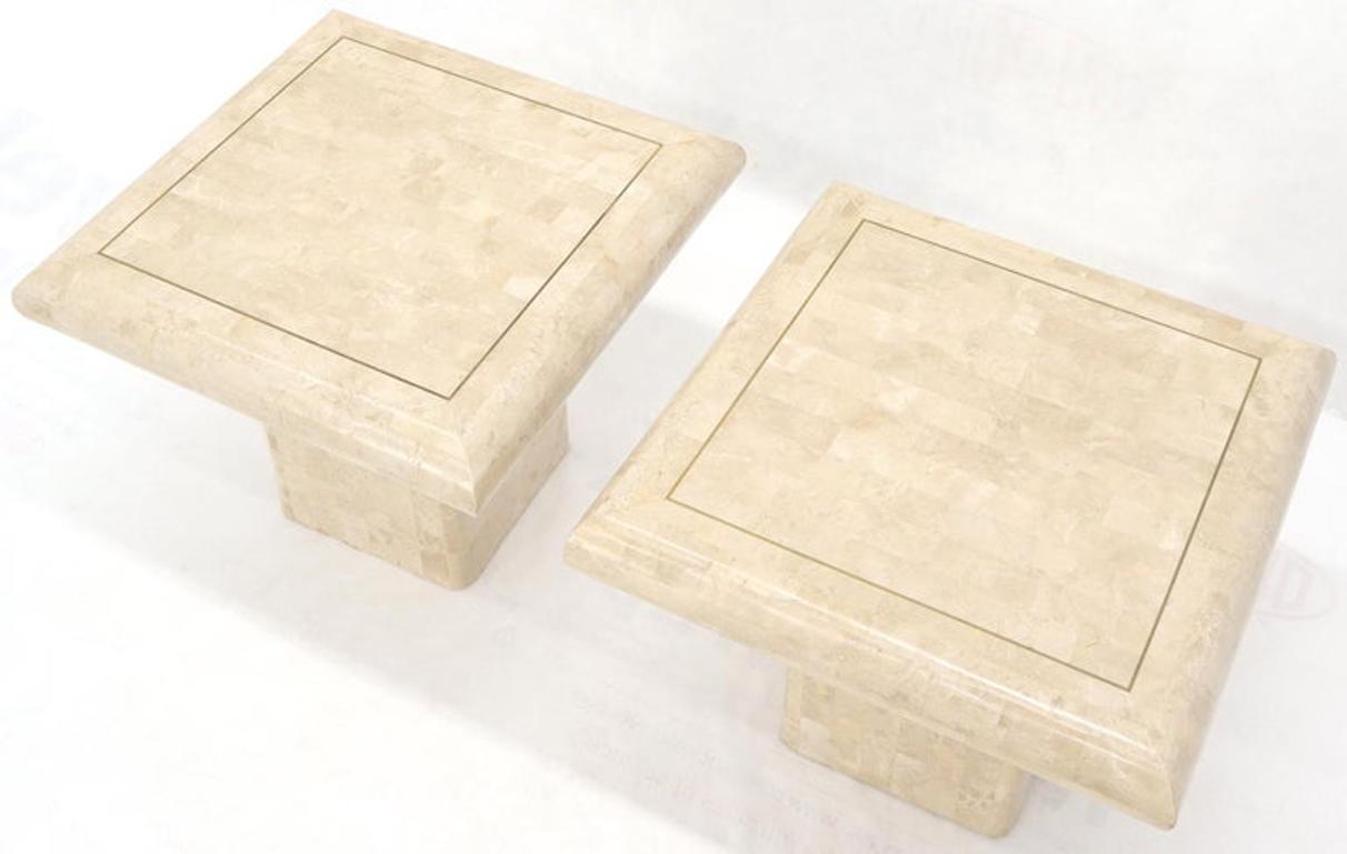 Pair of Square Tessellated Stone Veneer Brass Inlay End Tables Stands