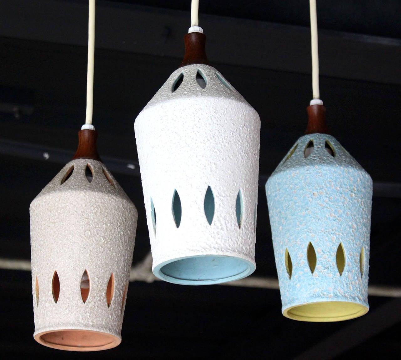 Triple Colored Glazed Pierced Pottery Ceramic Shades Pendant Light Fixture MINT!