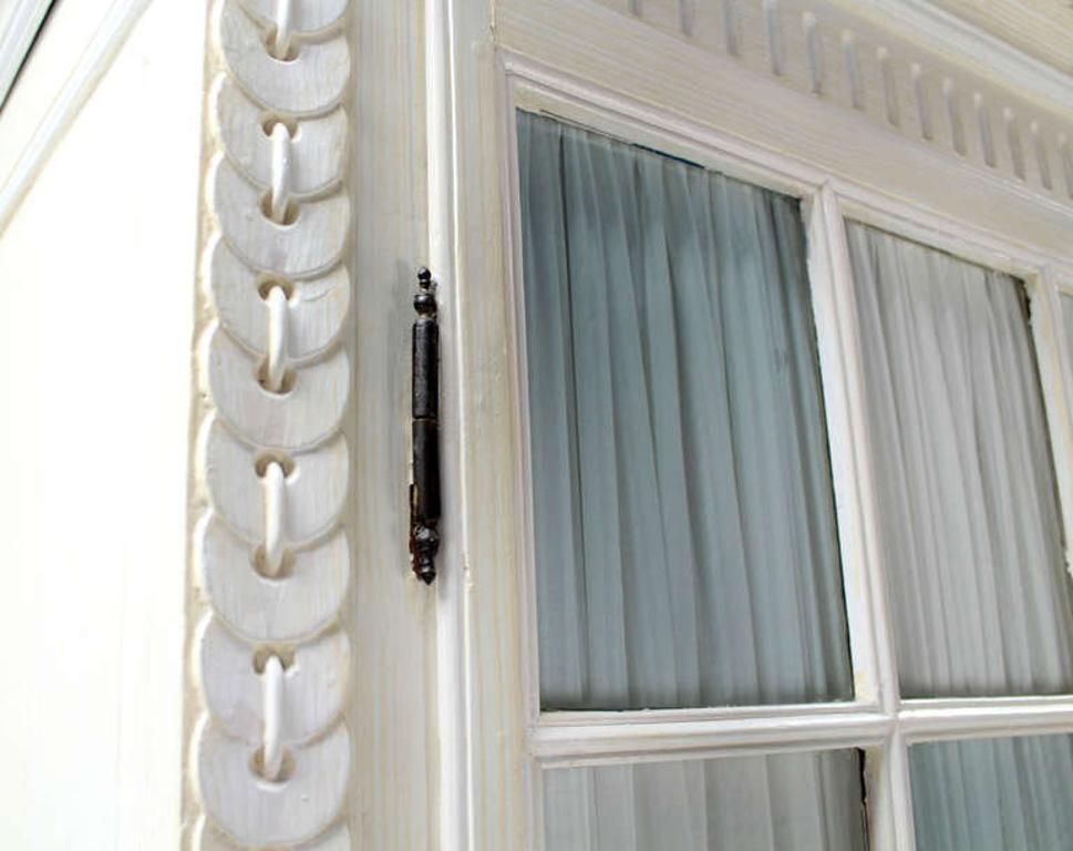 EstablishedLines Two Part Step Back Painted White Faux Finish Cupboard Green Blue Glass Vitrine