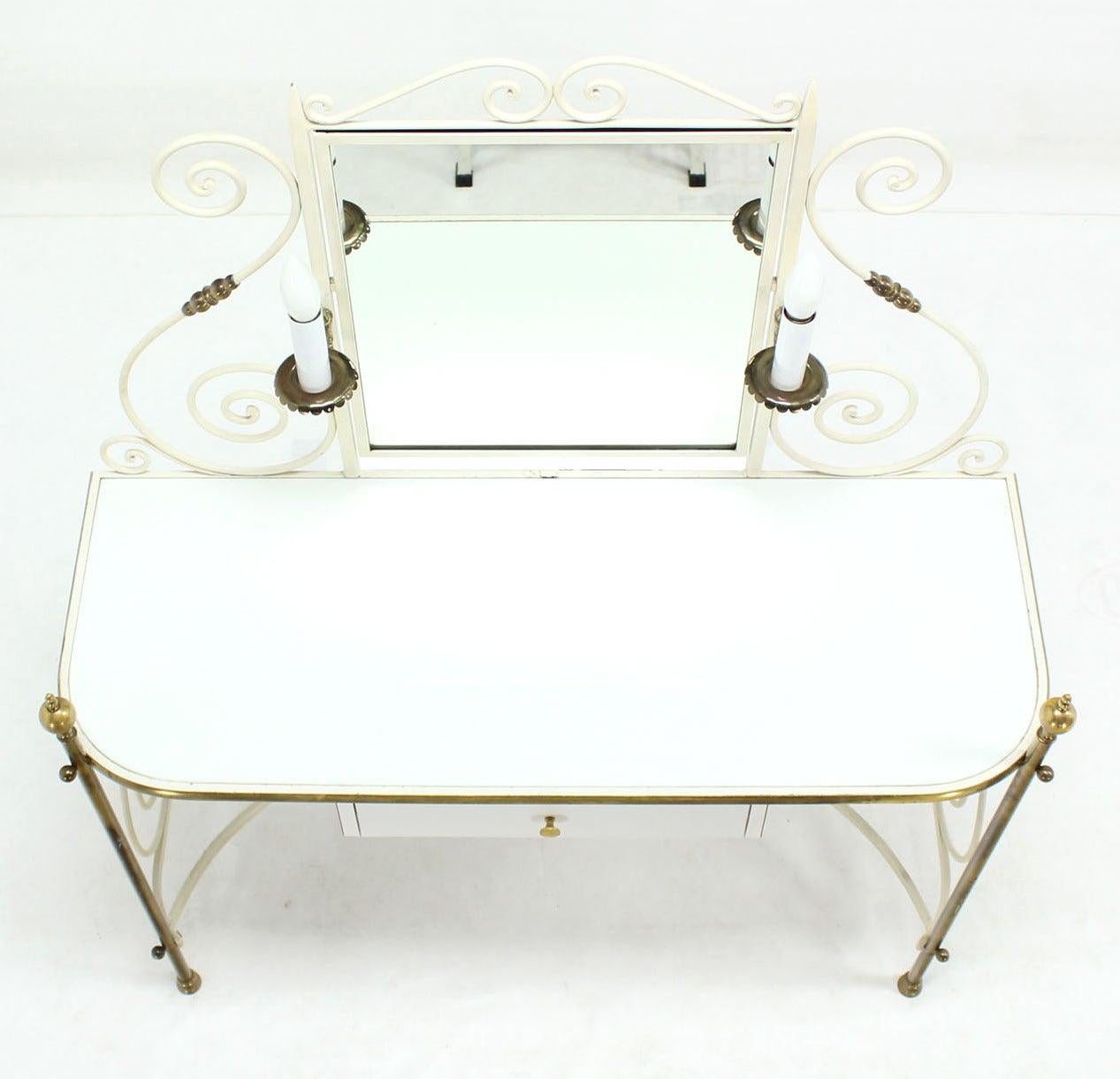 EstablishedLines Decorative Vanity Dressing Table Milk Glass Top Metal Scroll Brass Hardware