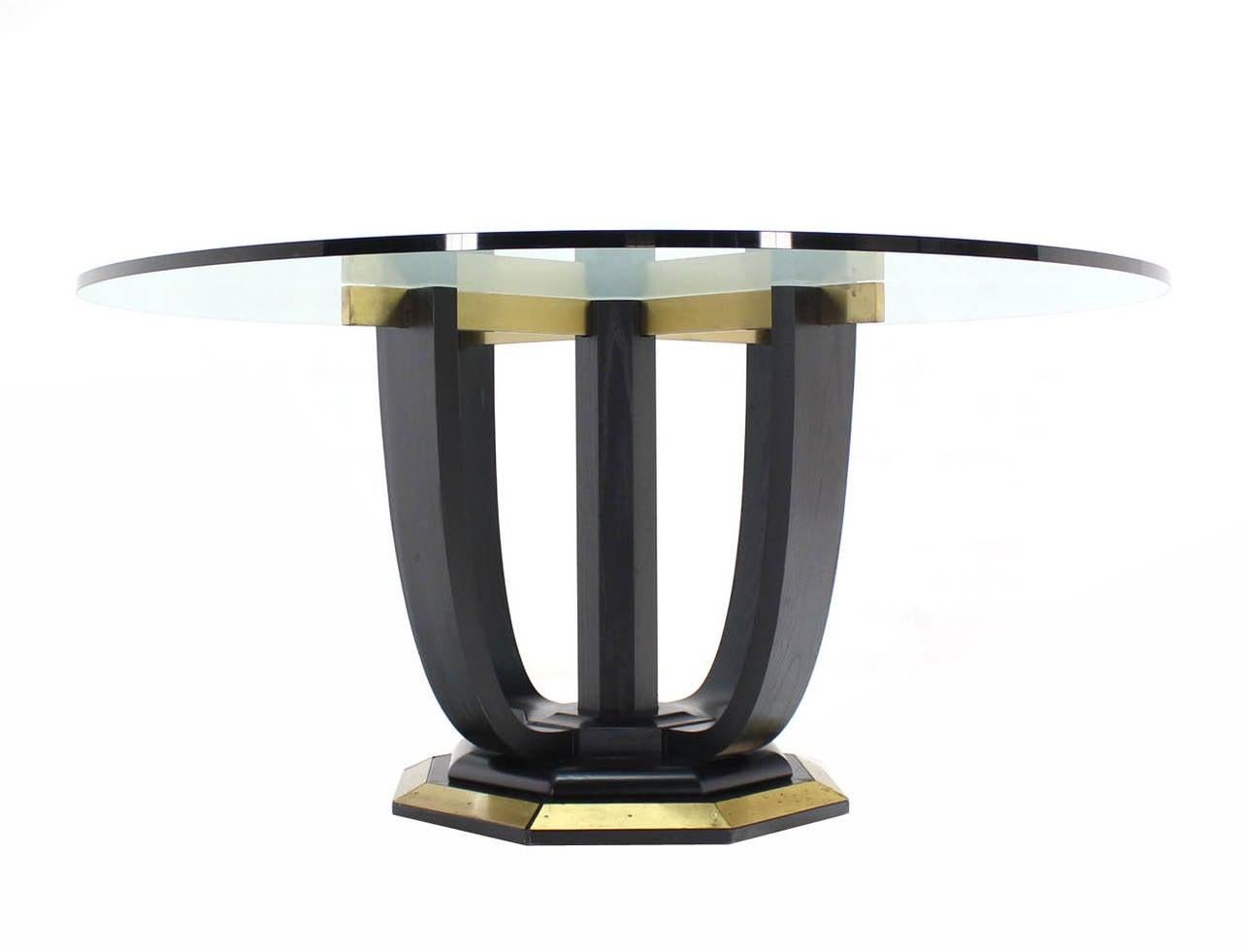 EstablishedLines Large Round Glass Top Figural Black Lacquer Bent Wood Brass Base Dining Table