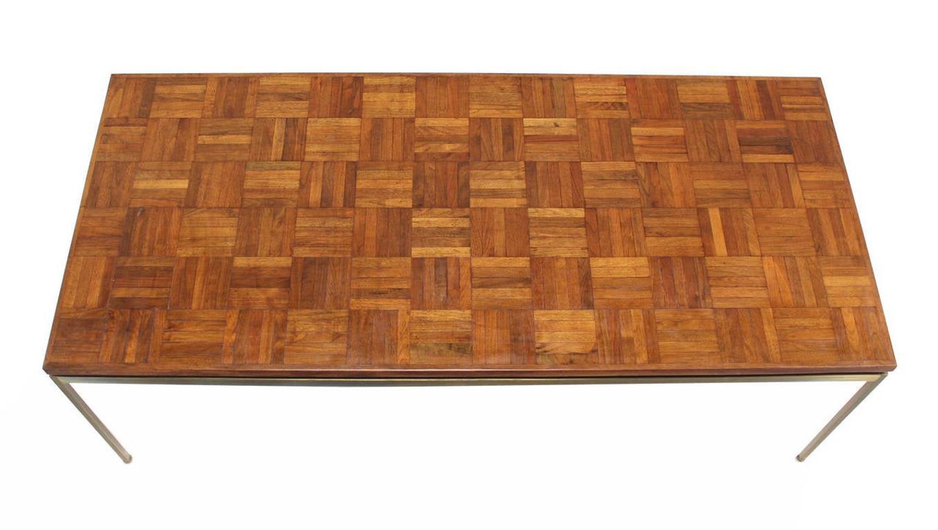 EstablishedLines Mid Century Modern Large Rectangle Brass Base Parquet Top Coffee Table MINT!