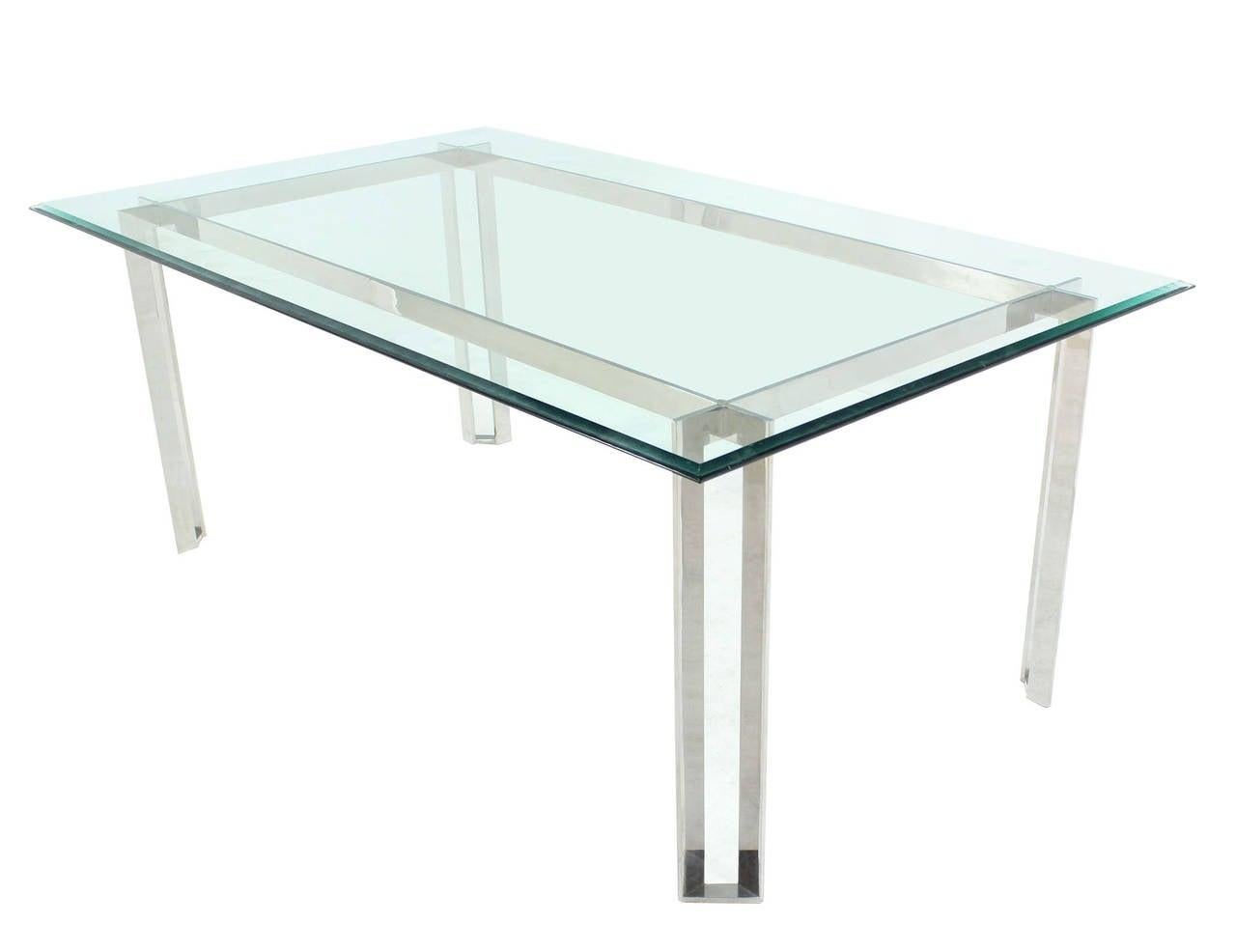 EstablishedLines Polished Stainless Steel Base Thick Glass Top Dining Room Table Mid Century
