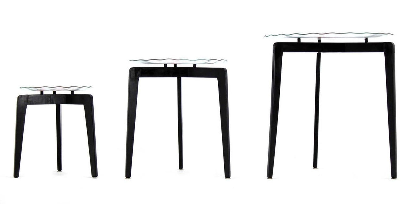 EstablishedLines Art Glass Scallop Edge Bowl Tray Top Tapered Leg Stackable Nesting Side Table