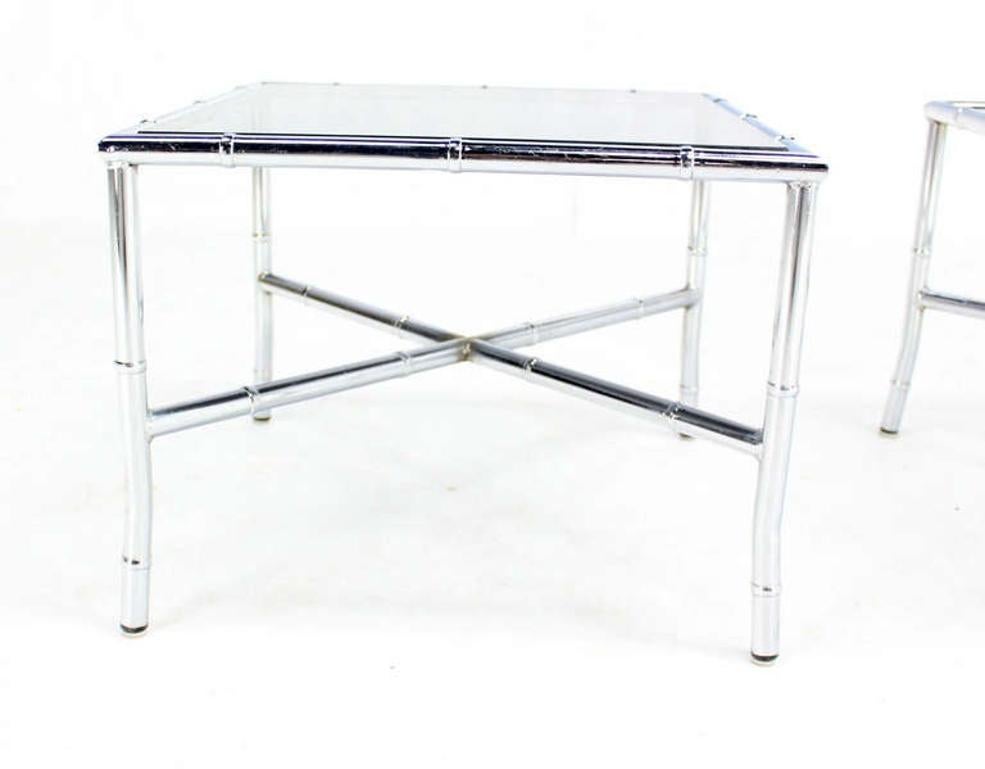 EstablishedLines Pair of Chrome Faux Bamboo X Base End Tables with Smoked Glass Tops Mid Century
