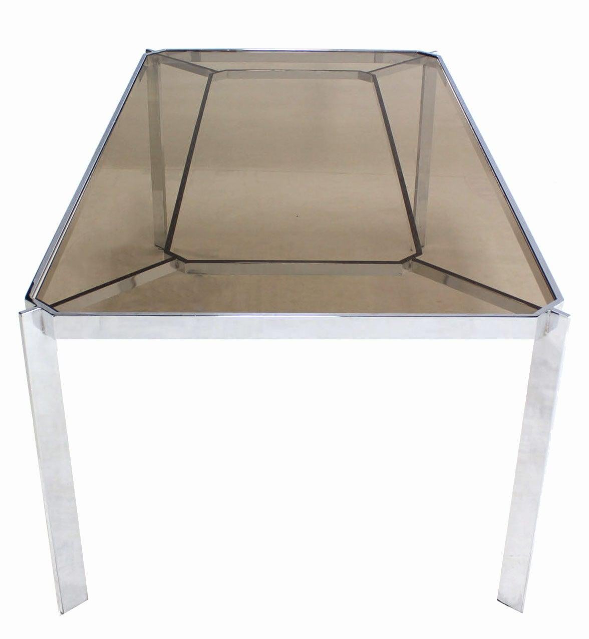 Mid Century Modern Chrome Base Smoked Glass Top Dining Conference Table Baughman