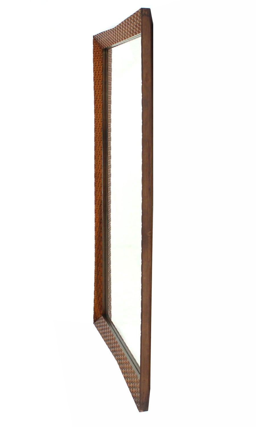 1970s Carved Walnut Lattice Basket Weave Pattern Large Rectangle Wall Mirror