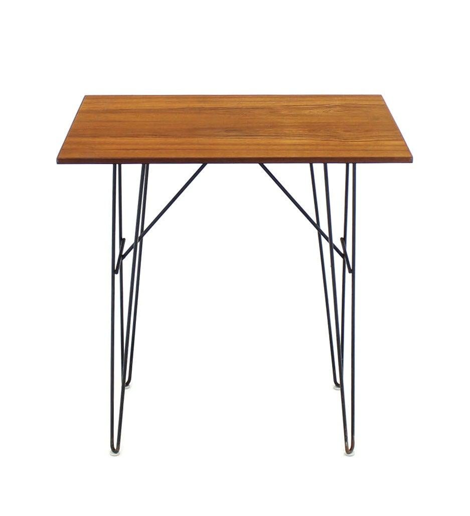 EstablishedLines Pair Teak Tops End Side Console Tables Stands Pedestals Tall Wire Legs MINT!