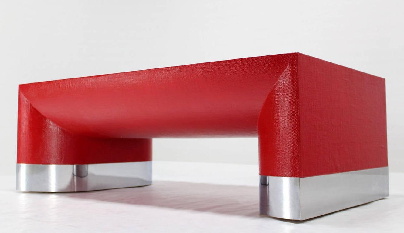 EstablishedLines Large Rectangle Grass Cloth Mid Century Modern Coffee Table in Fire Red MINT!