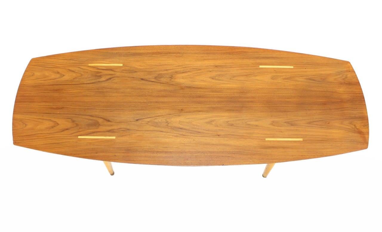 Boat Shape Light Walnut Tapered Birch Exposed Leg Tenon Coffee Table Mid Century